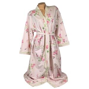 Aria Women's Pink Floral Cotton Jersey Long Wrap Robe Belted Pockets Size Large